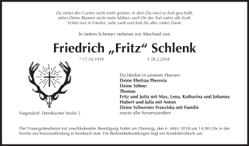 Traueranzeige von Friedrich Schlenk von Pegnitz-Zeitung