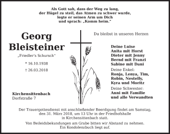 Traueranzeige von Georg Bleisteiner von Hersbrucker Zeitung
