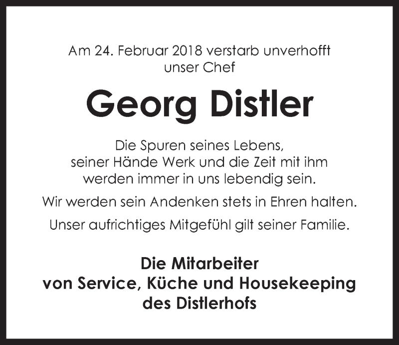  Traueranzeige für Georg Distler vom 06.03.2018 aus Der Bote