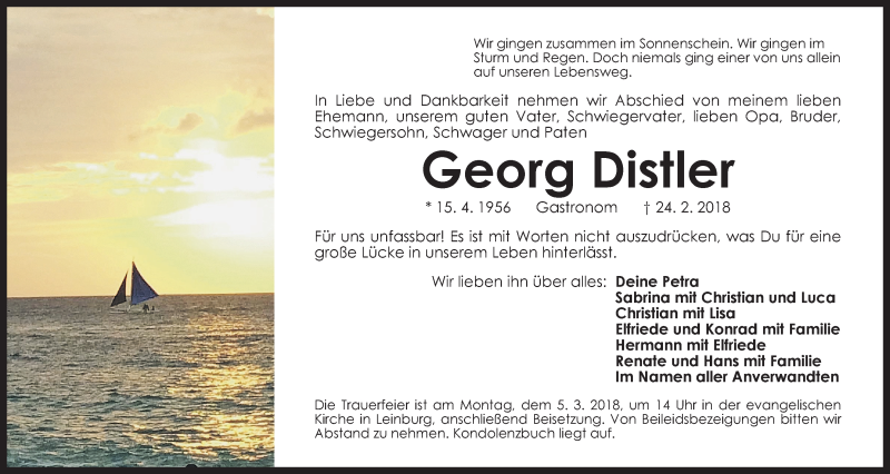  Traueranzeige für Georg Distler vom 03.03.2018 aus Der Bote