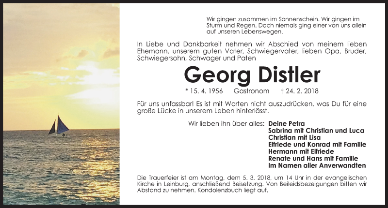  Traueranzeige für Georg Distler vom 03.03.2018 aus Pegnitz-Zeitung