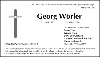 Traueranzeige von Georg Wörler von Pegnitz-Zeitung