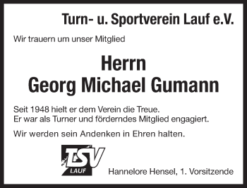 Traueranzeige von Georg Michael Gumann von Pegnitz-Zeitung