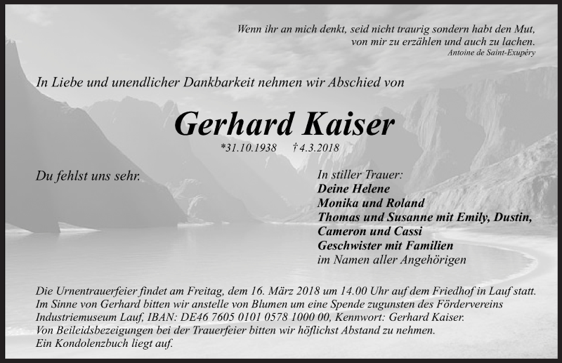  Traueranzeige für Gerhard Kaiser vom 10.03.2018 aus Pegnitz-Zeitung