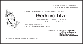 Traueranzeige von Gerhard Titze von Der Bote