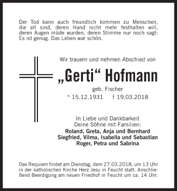 Traueranzeige von Gerti Hofmann von Der Bote