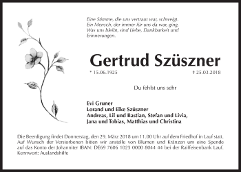 Traueranzeige von Gertrud Szüszner von Pegnitz-Zeitung