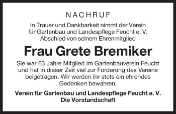 Traueranzeige von Grete Bremiker von Der Bote