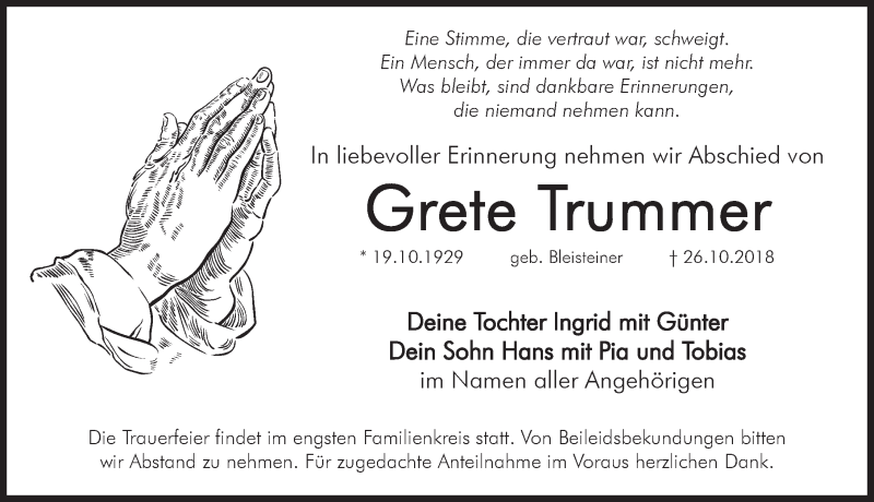  Traueranzeige für Grete Trummer vom 07.03.2018 aus Hersbrucker Zeitung