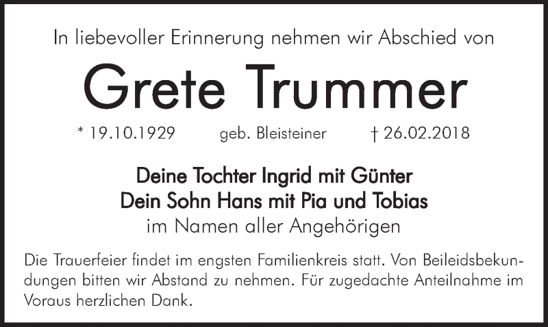  Traueranzeige für Grete Trummer vom 08.03.2018 aus Hersbrucker Zeitung
