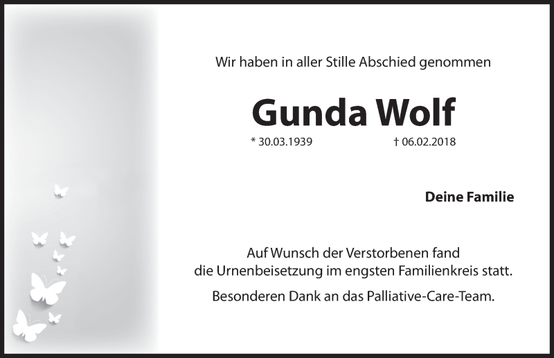  Traueranzeige für Gunda Wolf vom 24.03.2018 aus Hersbrucker Zeitung