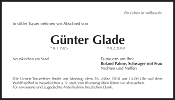 Traueranzeige von Günter Glade von Pegnitz-Zeitung
