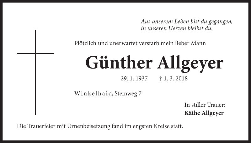  Traueranzeige für Günther Allgeyer vom 24.03.2018 aus Der Bote