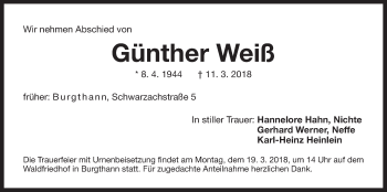 Traueranzeige von Günther Weiß von Der Bote