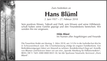 Traueranzeige von Hans Blüml von Der Bote