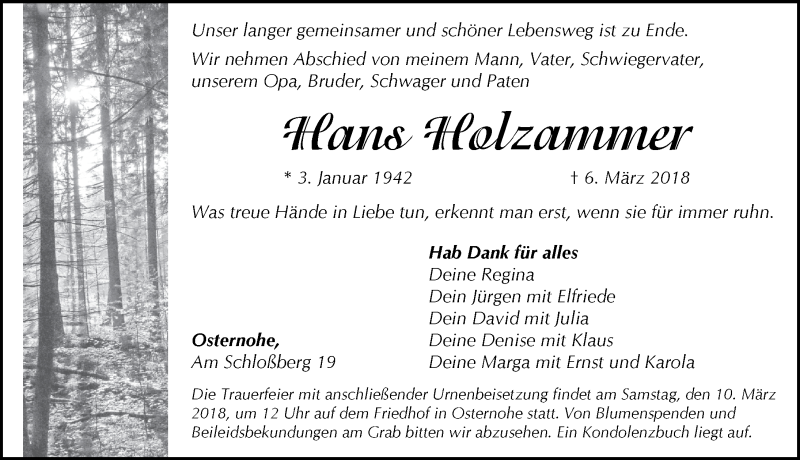  Traueranzeige für Hans Holzammer vom 09.03.2018 aus Pegnitz-Zeitung