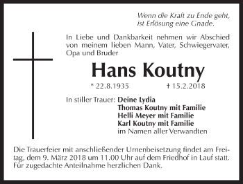 Traueranzeige von Hans Koutny von Pegnitz-Zeitung