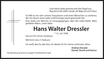 Traueranzeige von Hans Walter Dressler von Der Bote