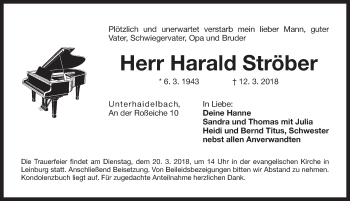 Traueranzeige von Harald Ströber von Pegnitz-Zeitung