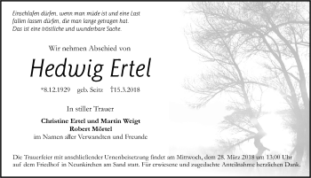 Traueranzeige von Hedwig Ertel von Pegnitz-Zeitung