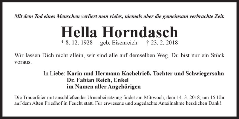  Traueranzeige für Hella Horndasch vom 10.03.2018 aus Der Bote