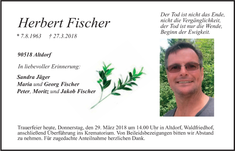  Traueranzeige für Herbert Fischer vom 29.03.2018 aus Der Bote