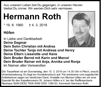 Traueranzeige von Hermann Roth von Hersbrucker Zeitung