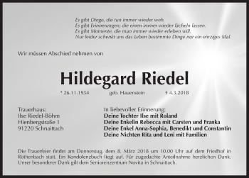 Traueranzeige von Hildegard Riedel von Pegnitz-Zeitung