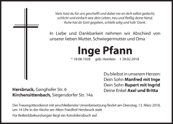 Traueranzeige von Inge Pfann von Hersbrucker Zeitung