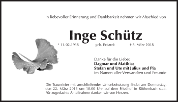 Traueranzeige von Inge Schütz von Pegnitz-Zeitung
