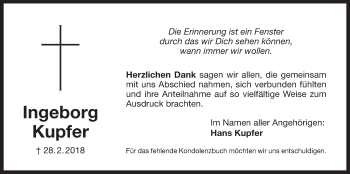 Traueranzeige von Ingeborg Kupfer von Der Bote
