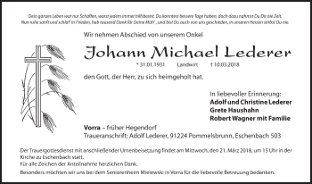 Traueranzeige von Johann Michael Lederer von Hersbrucker Zeitung