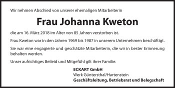 Traueranzeige von Johanna Kweton von Hersbrucker Zeitung