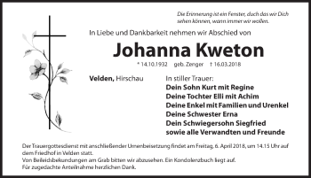 Traueranzeige von Johanna Kweton von Hersbrucker Zeitung