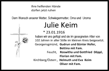 Traueranzeige von Julie Keim von Der Bote
