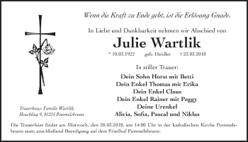 Traueranzeige von Julie Wartlik von Hersbrucker Zeitung