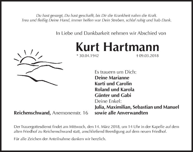  Traueranzeige für Kurt Hartmann vom 12.03.2018 aus Hersbrucker Zeitung