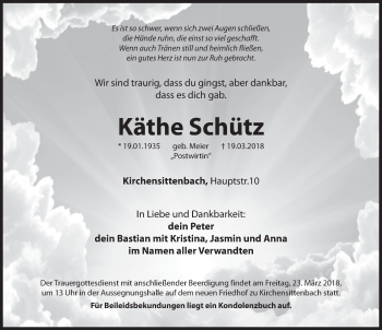 Traueranzeige von Käthe Schütz von Hersbrucker Zeitung