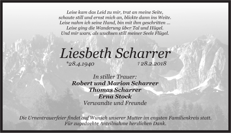  Traueranzeige für Liesbeth Scharrer vom 20.03.2018 aus Pegnitz-Zeitung