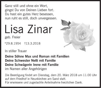 Traueranzeige von Lisa Zinar von Pegnitz-Zeitung