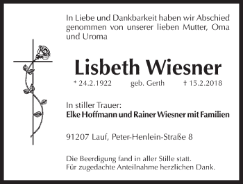 Traueranzeige von Lisbeth Wiesner von Pegnitz-Zeitung