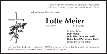 Traueranzeige von Lotte Meier von Pegnitz-Zeitung