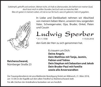 Traueranzeige von Ludwig Sperber von Hersbrucker Zeitung