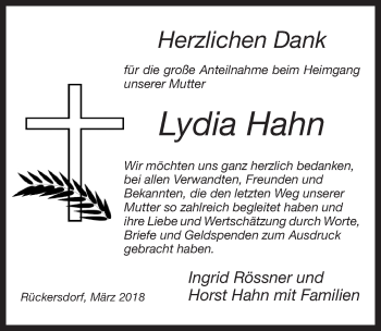 Traueranzeige von Lydia Hahn von Pegnitz-Zeitung