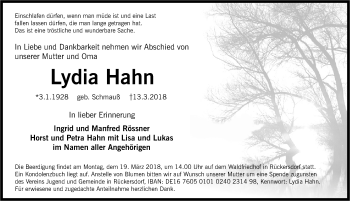 Traueranzeige von Lydia Hahn von Pegnitz-Zeitung