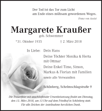 Traueranzeige von Margarete Kraußer von Pegnitz-Zeitung