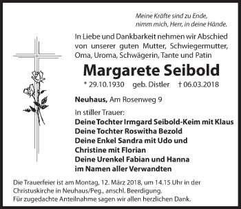 Traueranzeige von Margarete Seibold von Hersbrucker Zeitung