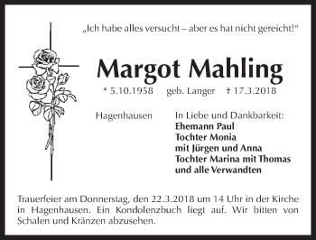 Traueranzeige von Margot Mahling von Pegnitz-Zeitung