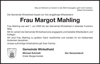 Traueranzeige von Margot Mahling von Der Bote