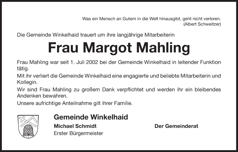  Traueranzeige für Margot Mahling vom 21.03.2018 aus Der Bote